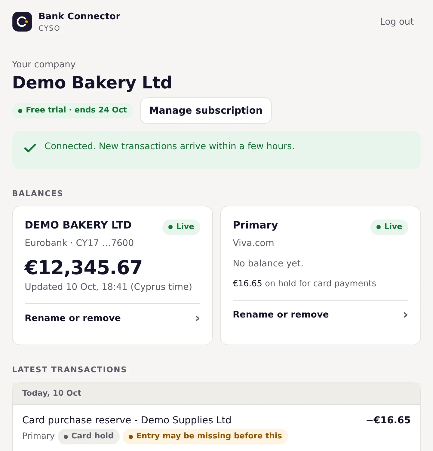 Bank Connector dashboard with sample accounts and balances
