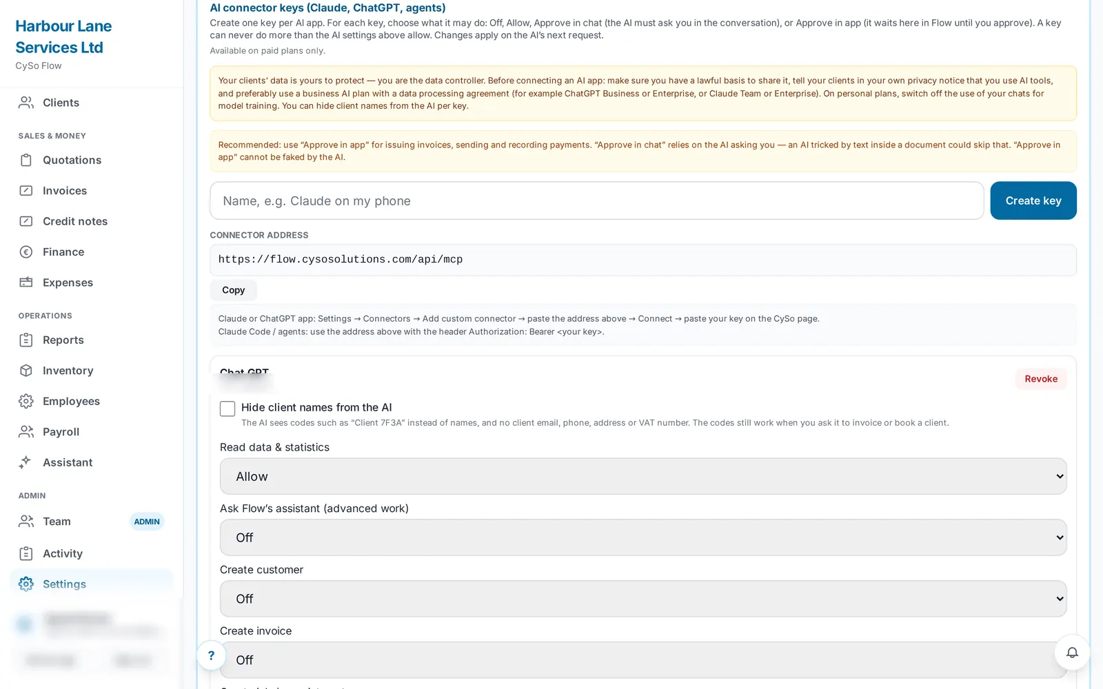 Flow settings listing an AI connector key and what it may do