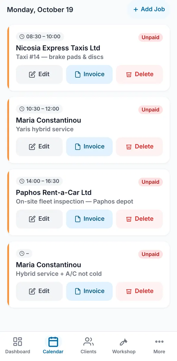 The day’s jobs on the CySo Flow calendar, each with an Invoice button