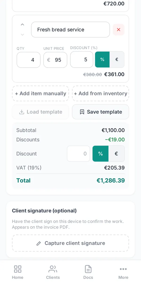 Invoice for Seaview Hotel showing subtotal, discount, VAT at 19% and the total