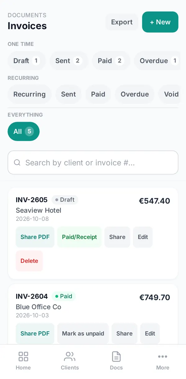 Invoice list with paid and outstanding invoices