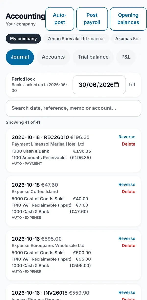 The journal with the Auto-post, Post payroll and Opening balances buttons, a period lock and automatically posted payment and expense entries.