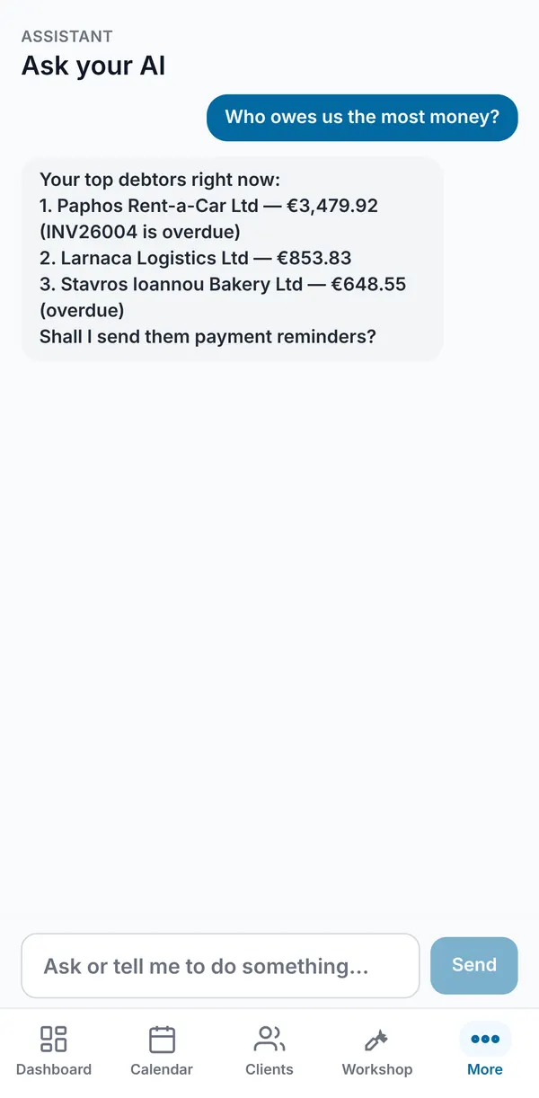 An answer to 'Who owes us the most money?' listing clients with the amounts they owe and which are overdue.