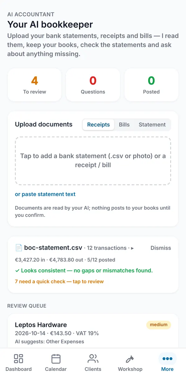 The same statement after posting, showing 5 of 12 lines posted and the rest left to review.