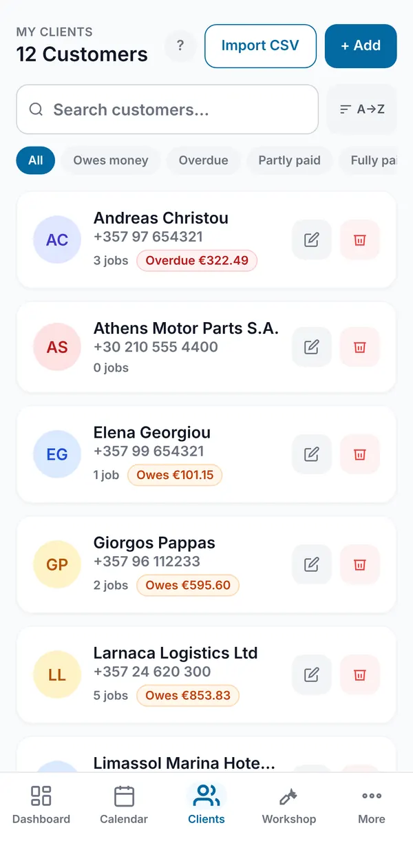 The client list with Import CSV and Add buttons, search, balance filters, and each client's number of jobs and amount owed or overdue.
