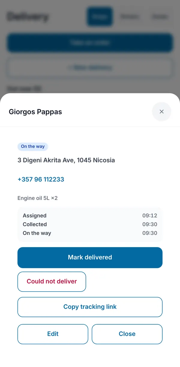 One drop that is on the way, with address, tap-to-call phone, items, a timed list of steps, and Mark delivered, Could not deliver and Copy tracking link.