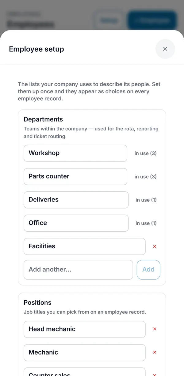 Employee setup, where you keep the departments and positions your company uses.