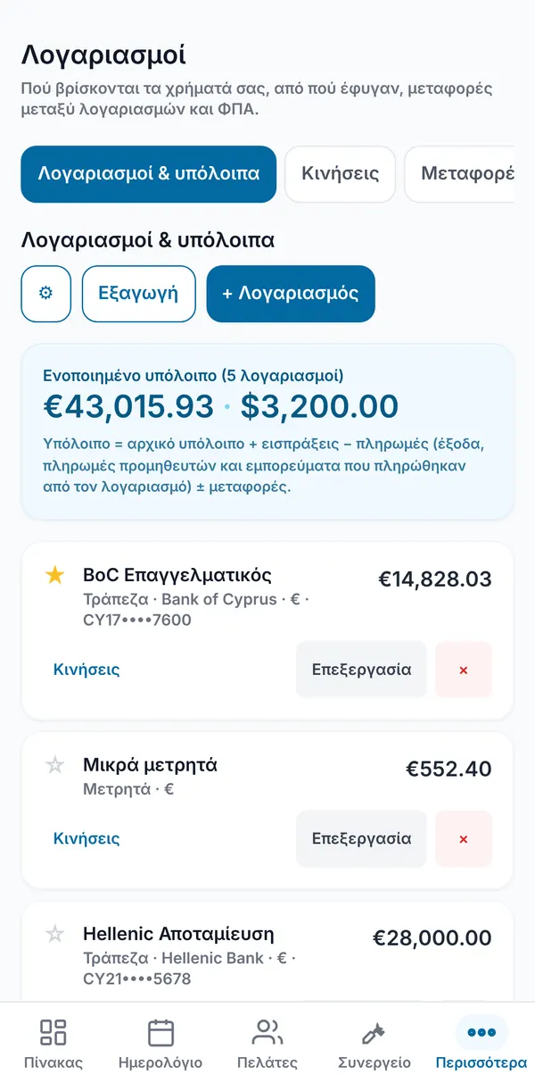 Λογαριασμοί &amp; υπόλοιπα: ενοποιημένο υπόλοιπο πέντε λογαριασμών και κάθε τραπεζικός λογαριασμός, μετρητά και κάρτα με το υπόλοιπό τους, Κινήσεις και Επεξεργασία.