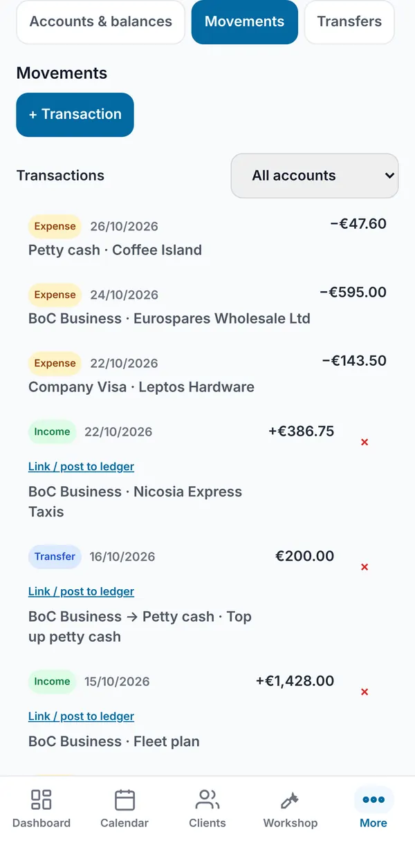 Movements: expenses, income and a transfer across all accounts, each with date, account and amount, and a Link / post to ledger option.