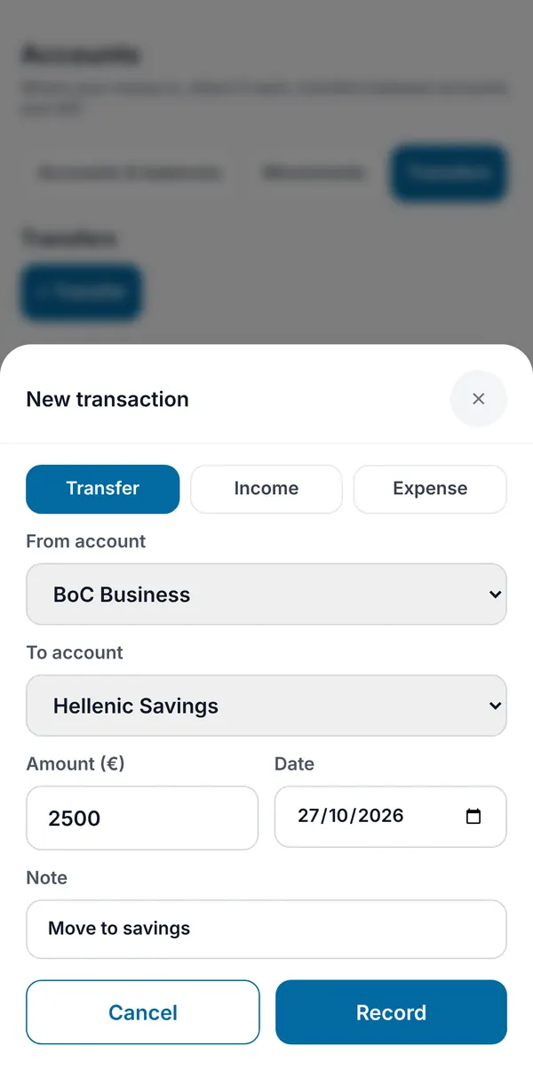 New transaction set to Transfer: from BoC Business to Hellenic Savings, €2,500, with date and note.