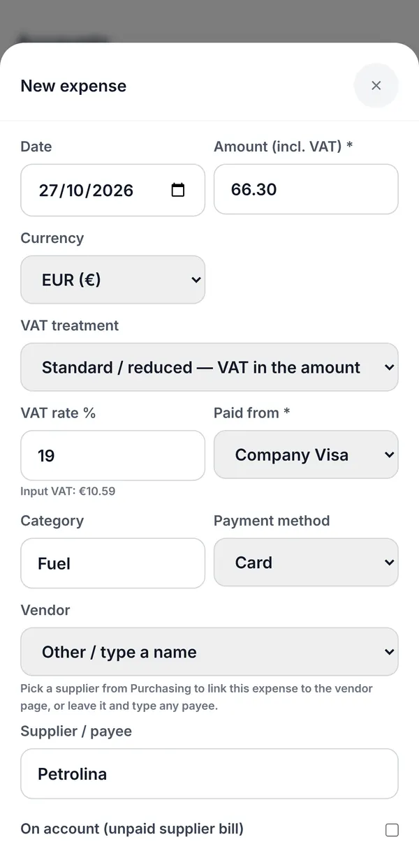 New expense: amount including VAT, currency, VAT treatment, VAT rate with the input VAT worked out, Paid from account, category, payment method and supplier.