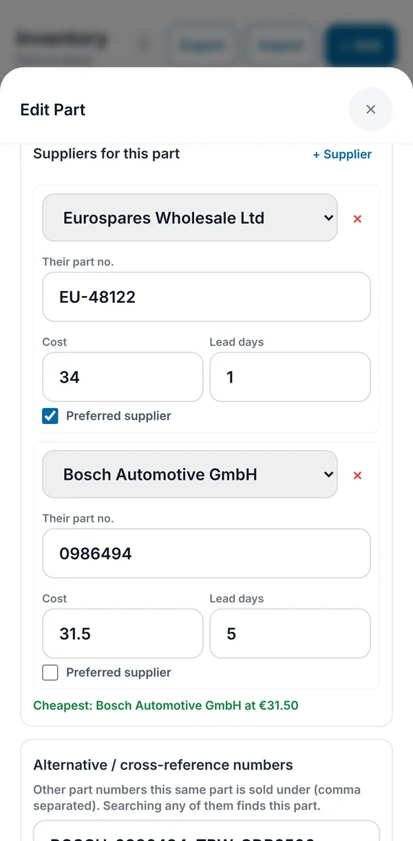A part's suppliers with their part numbers, cost and lead days, the cheapest one named, and the cross-reference numbers box.