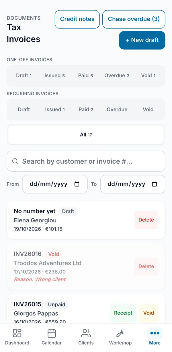 The Tax Invoices list with one-off and recurring chip rows, counts, a search box, a date range and invoice rows.