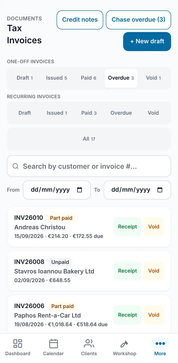 The Overdue filter showing late invoices with their part-paid or unpaid status and the amount still due.