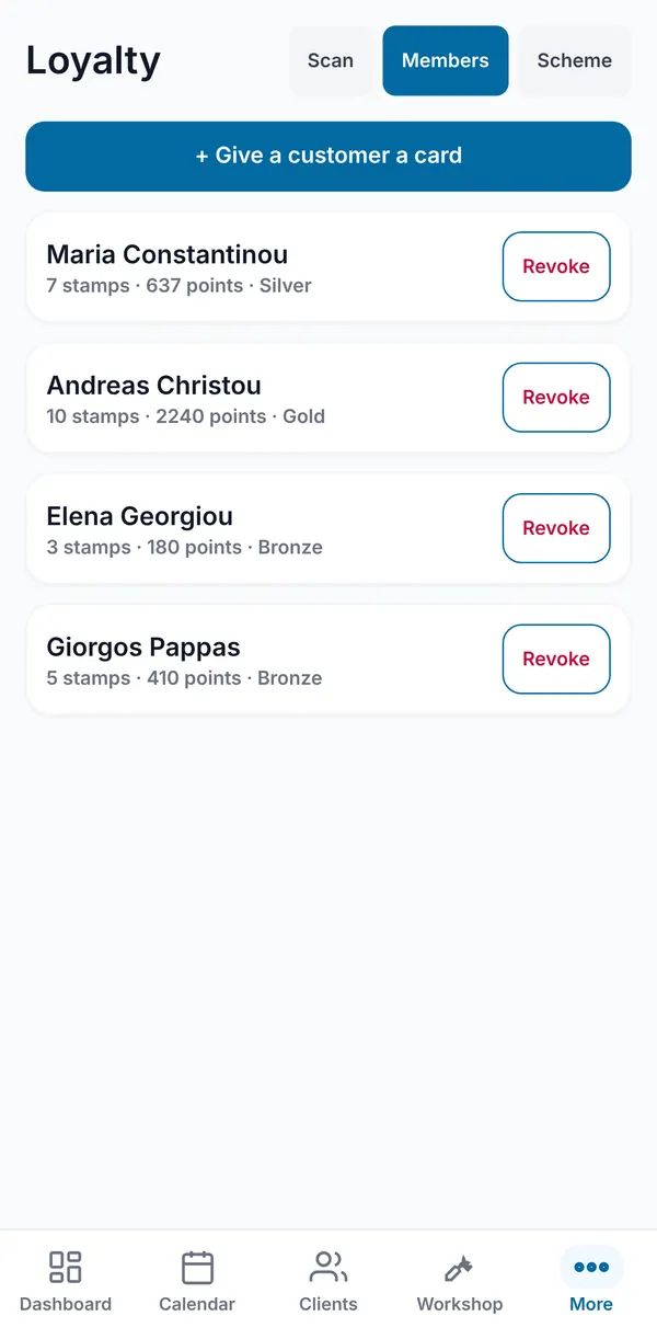 The members list with each customer's stamps, points and tier, and Revoke buttons.