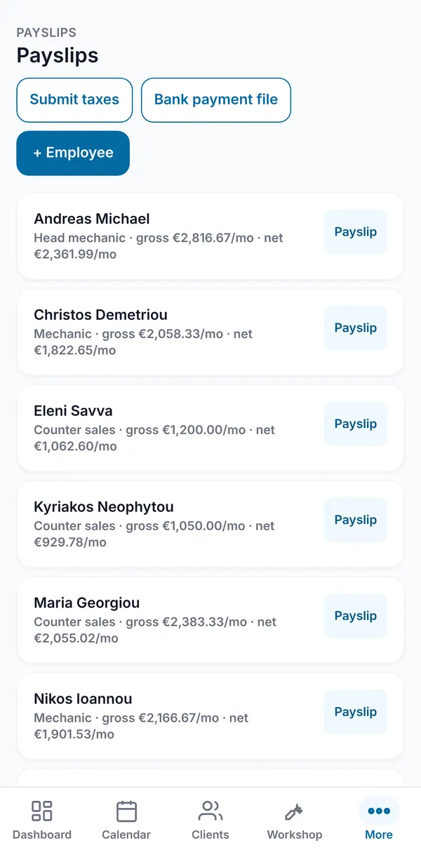 The payslips list with each employee's role and monthly gross and net pay, plus Submit taxes and Bank payment file buttons.