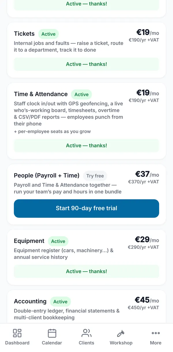 The People (Payroll + Time) card in Modules & pricing with its monthly and yearly price and a Start 90-day free trial button.