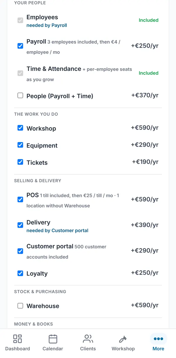 The Your people group in the plan basket with Employees marked as needed by Payroll, Payroll, Time & Attendance and the People bundle.