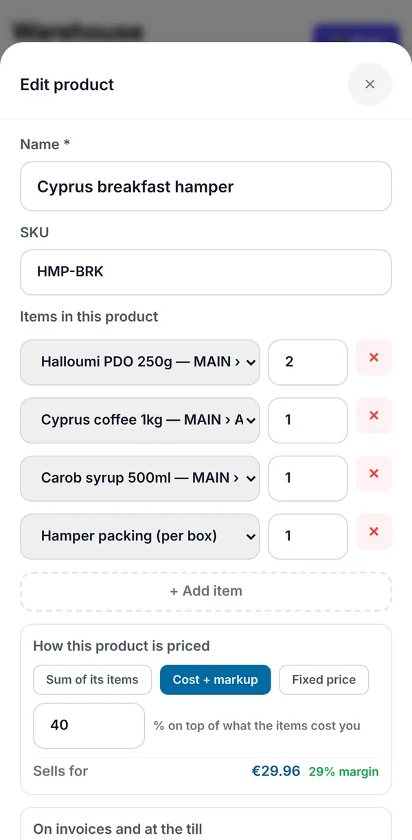 Editing a product: its items and quantities, and the three pricing choices with the resulting price and margin.