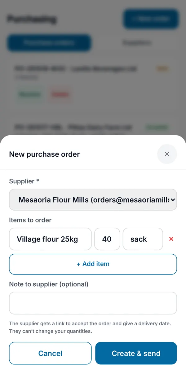 A new purchase order: supplier, items with quantity and unit, an optional note, and Create & send.
