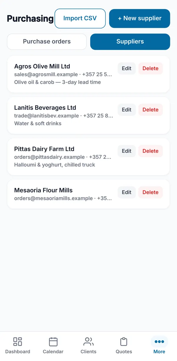 The supplier list with contact details and notes, plus Import CSV and New supplier buttons.