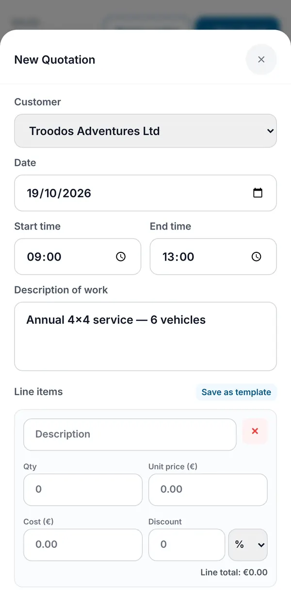 The New Quotation form with customer, date, start and end time, description of work and line items.