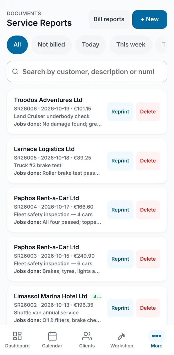 The Service Reports list with filters, search, and each report's number, date, amount, description and jobs done, with Reprint and Delete buttons.