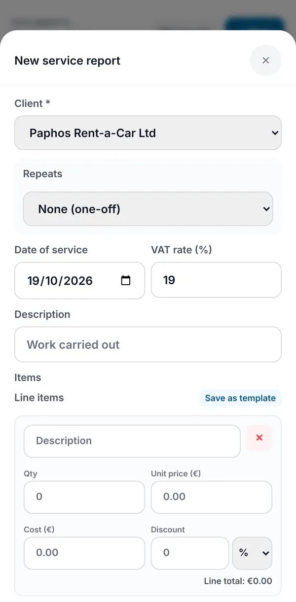The New service report form with client, Repeats, date of service, VAT rate, description and line items.