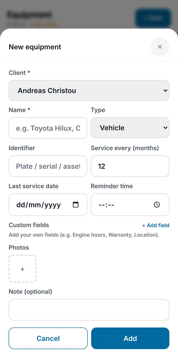 The new equipment form: client, name, type, identifier, service interval, last service date, custom fields, photos and a note.