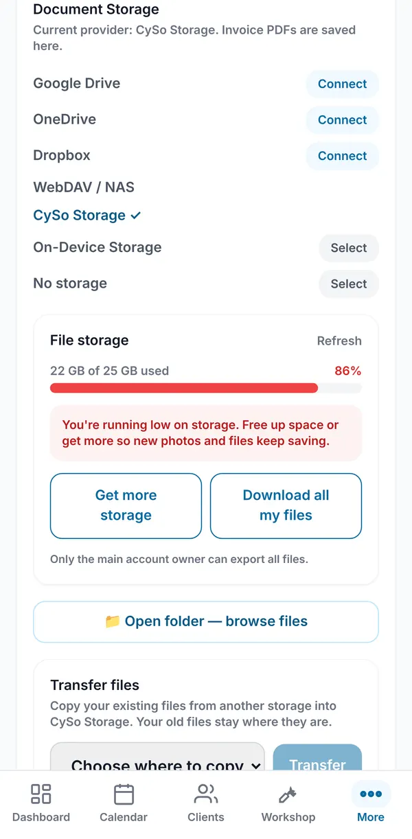The File storage meter in Settings, nearly full, with a low-space warning, Get more storage and Download all my files.