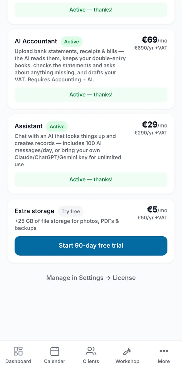 The Extra storage card in the module store with its monthly and yearly price and a Start 90-day free trial button.