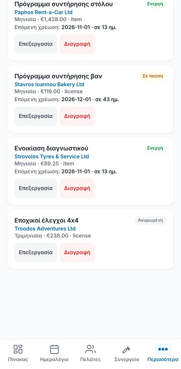 Περισσότερες κάρτες πλάνων, ανάμεσά τους ένα πλάνο σε παύση και ένα ακυρωμένο.