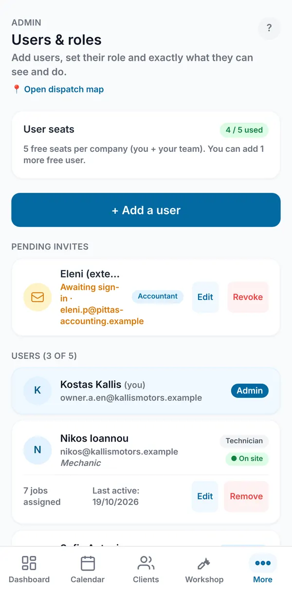 The Users &amp; roles screen with the seat counter, the Add a user button, a pending invite and the user list.