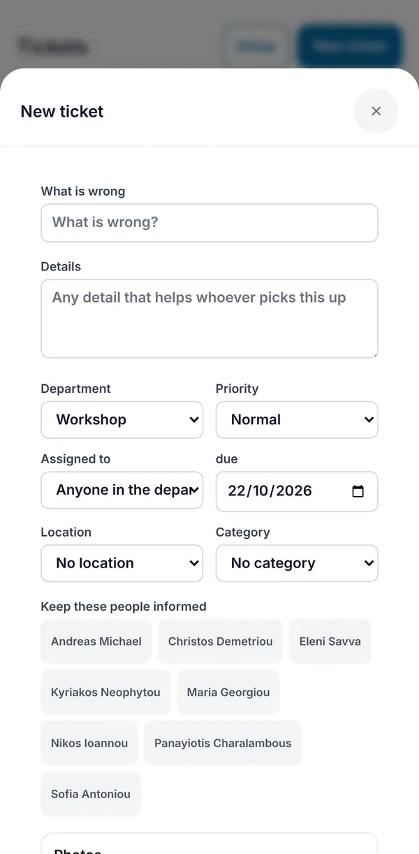 The new ticket form with the department and due date already filled in.