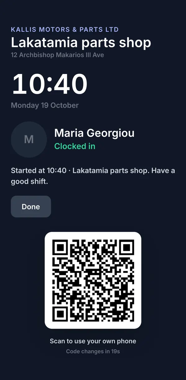 The kiosk after a PIN is accepted, confirming the person is clocked in at that location, with a QR code that changes every few seconds.