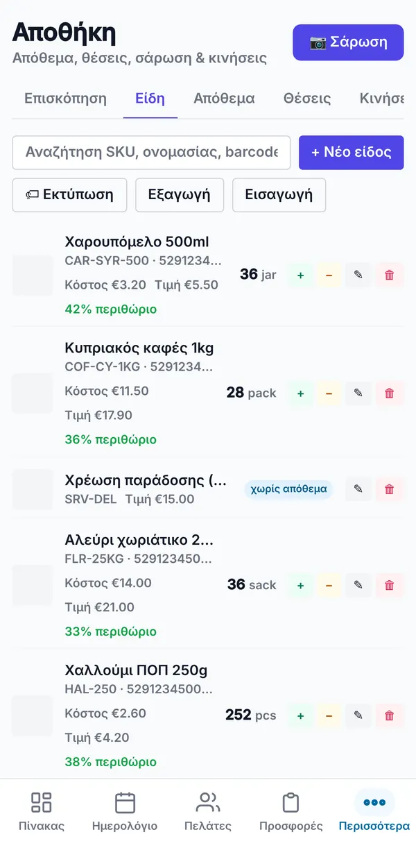 Η λίστα ειδών με SKU, barcode, κόστος, τιμή, περιθώριο και διαθέσιμη ποσότητα, μαζί με μια χρέωση χωρίς απόθεμα.