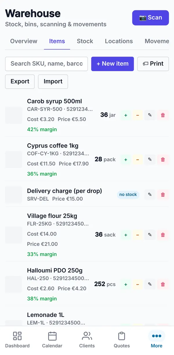 The item list with SKU, barcode, cost, price, margin and on-hand quantity, including a no-stock charge.