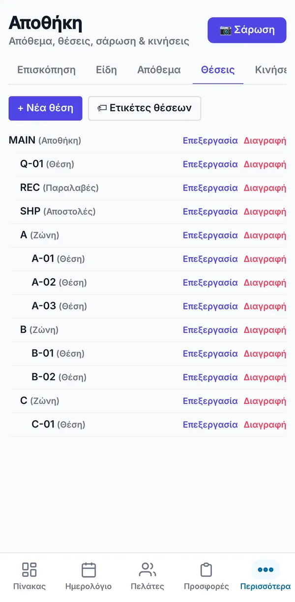 Το δέντρο τοποθεσιών μιας αποθήκης με χώρους παραλαβής και αποστολής, ζώνες και θέσεις, και κουμπί Ετικέτες θέσεων.
