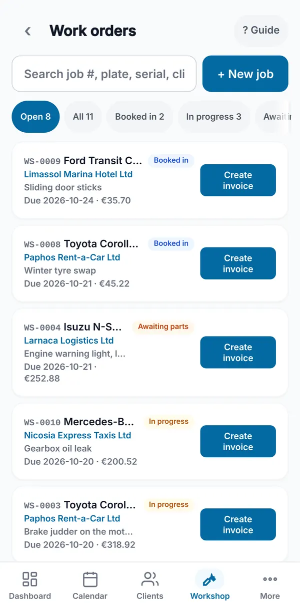 The work order list with status filters and counts, each job showing its WS number, vehicle, client, fault, due date, total and a Create invoice button.