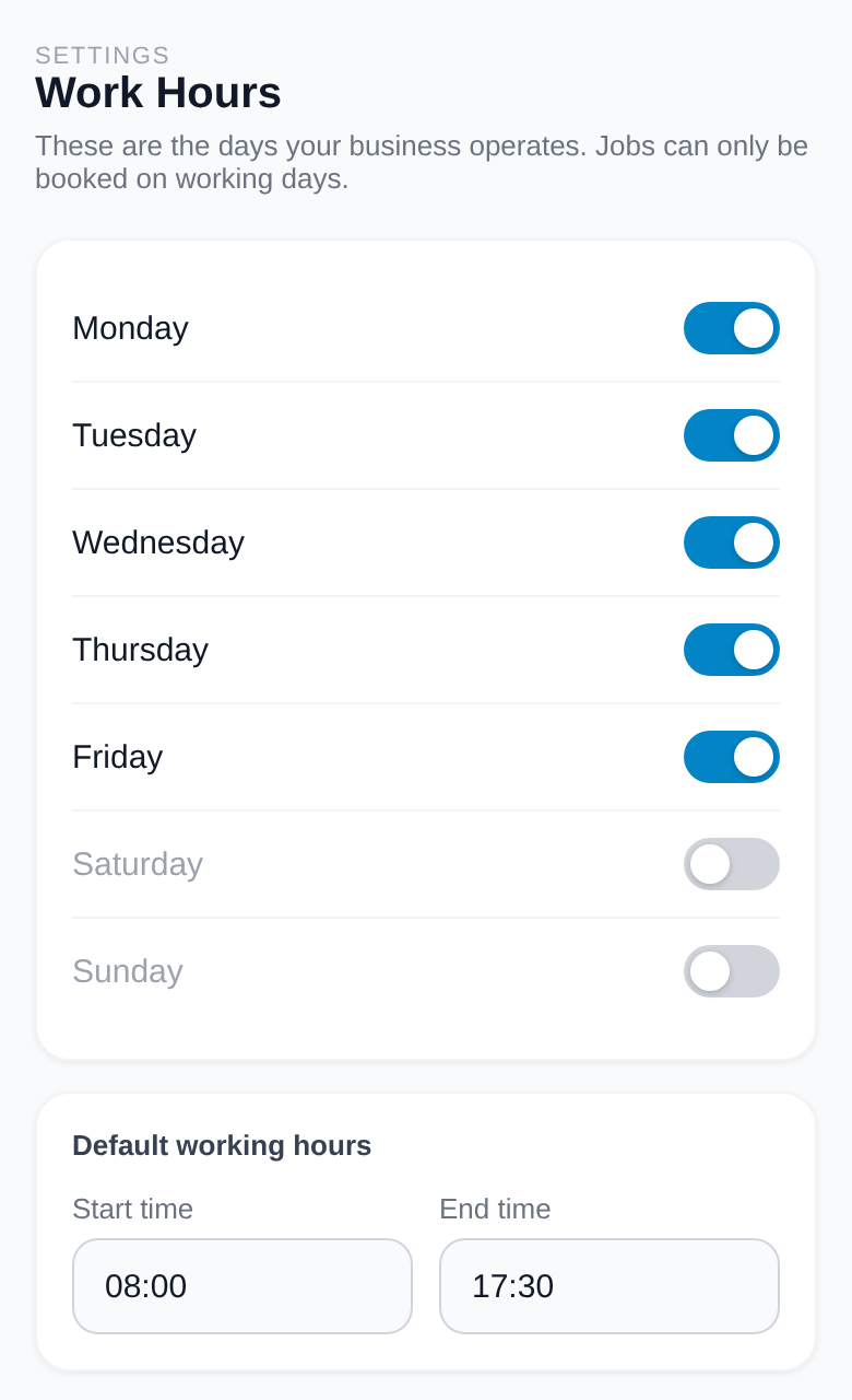 Settings — Work Hours