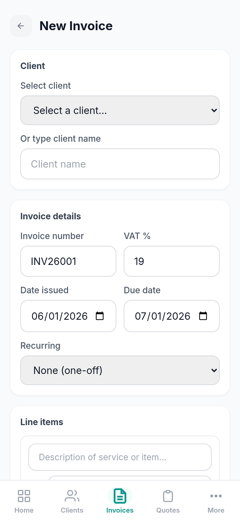 CySo Invoicing invoice form screen